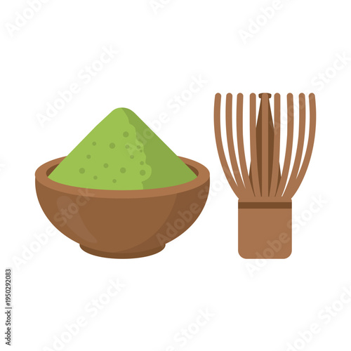 Matcha tea powder and matcha whisk illustration vector flat design on white background. Japanese healthy green tea powder in bamboo bowl with bamboo whisk symbol for menu, banner, poster, web.