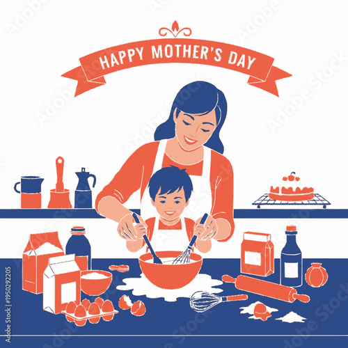 A mother and son happily baking together in the kitchen, celebrating Mother's Day with a cake and various baking ingredients.