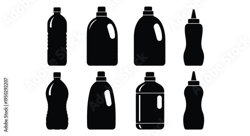 A collection of black silhouette icons depicting various plastic bottles and containers in different shapes high quality professional detailed