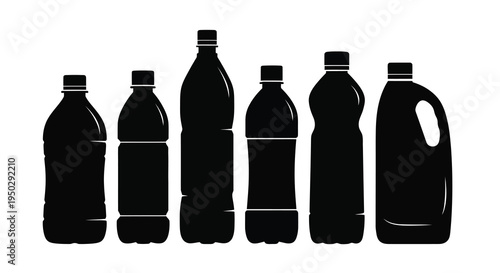 A monochrome illustration depicts six different plastic bottles varying in size and shape arranged in a row high quality