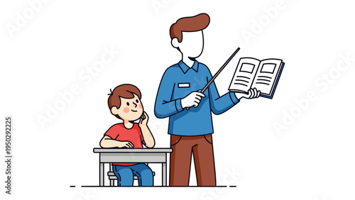 Lesson Illustration: A teacher guides a student in a classroom setting, pointing to open book, facilitating a moment of learning and understanding.