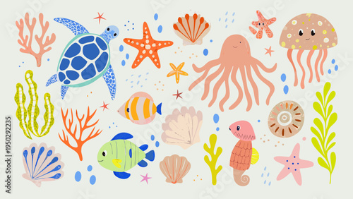 Colorful illustration featuring various marine life and decorative elements