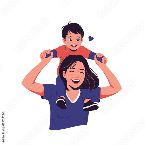 A joyful mother carries her happy son on her shoulders, sharing a moment of love and connection.