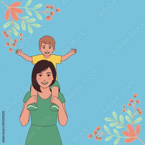 A smiling mother carries her happy son on her shoulders, with decorative branches in the corners against a blue background.
