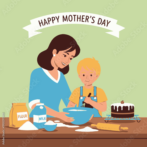 A mother and her son are happily baking a cake together in the kitchen, celebrating Mother's Day.