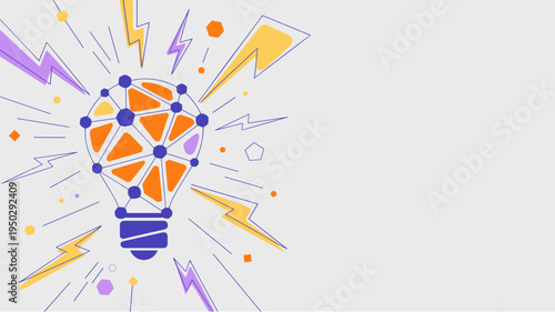 Lightbulb with network nodes and lightning bolts in vector creative art with copy space