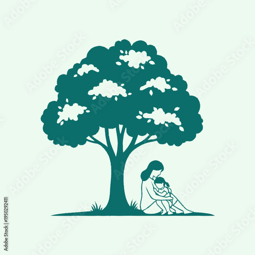 A mother tenderly embraces her child while sitting under the shade of a large, leafy tree.