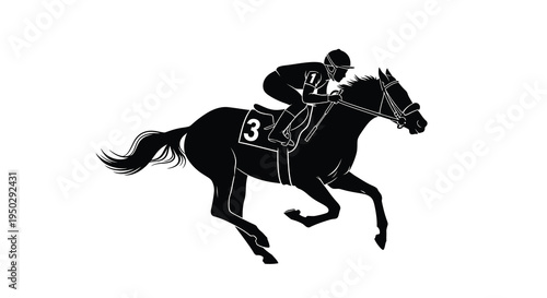 A striking black silhouette depicts a jockey riding a racehorse number three visible in full gallop high quality professional