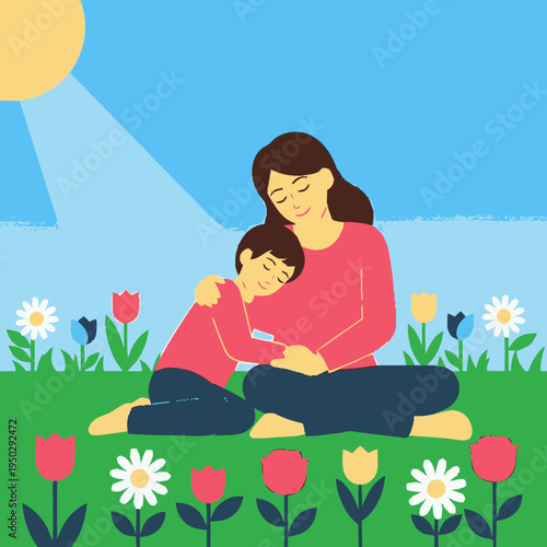 A mother tenderly embraces her sleeping son in a sunlit meadow filled with blooming tulips and daisies.