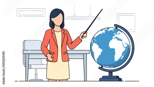 The World in Her Hands: A female educator captivates her students with an engaging lesson about the planet Earth, presenting a globe to visualize global geography.