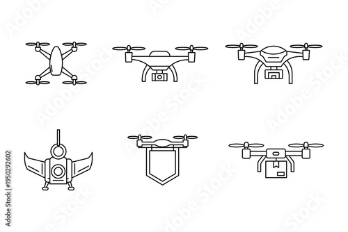 Set of drone line icons, vector illustration of various UAV models including delivery drone, camera quadcopter, and security drone for technology design