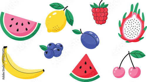Tropical fruit vector icon set. Fresh colorful fruits collection. Watermelon, banana, lemon, dragon fruit, blueberry, raspberry, plum and cherry flat illustrations.