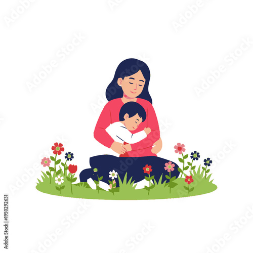 Mother breastfeeding baby outdoors in nature.