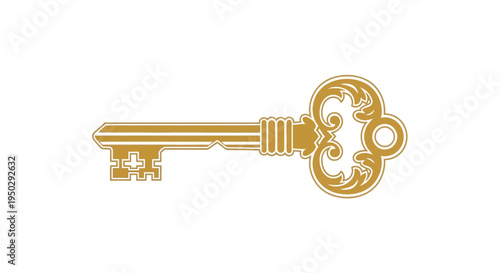 An ornate golden key is displayed against a stark white background symbolizing access mystery and potential high quality professional