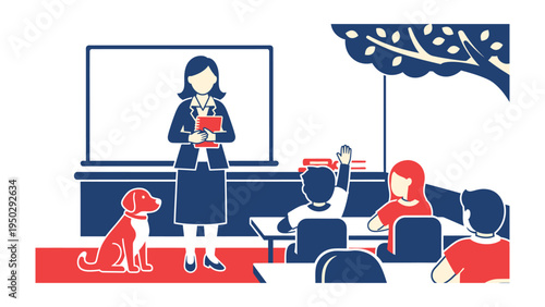 Learning in the Classroom: An educator in the classroom with their student, fostering a learning environment and curiosity. The presence of a companion animal.
