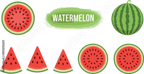Watermelon fruit vector set. Whole and sliced watermelon icons with label. Fresh juicy summer fruit collection isolated illustration.