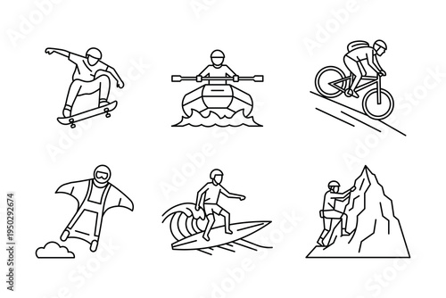 Set of extreme sports line icons, vector illustration of outdoor adventure activities including skateboarding, kayaking, mountain biking, wingsuit flying, surfing, and rock climbing