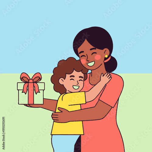 happy mother and child with gift.