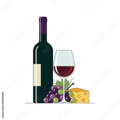 Red Wine Bottle, Glass, Grapes, and Cheese Still Life