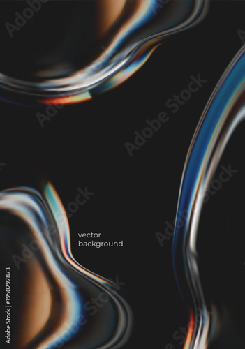 Poster with modern 3d liquid glass element isolated on a black background. 3d render of transparent form, mirror with holographic gradient and light dispersion, refraction and iridescent effects