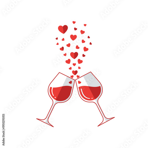 Two wine glasses clinking with red hearts floating up, symbolizing love and celebration