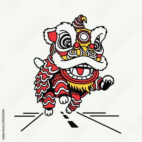 Chinese lion dance performer in traditional costume isolated on white background