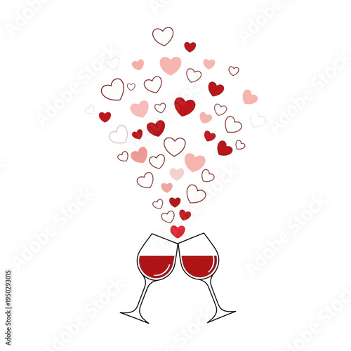 Two wine glasses clinking with hearts floating up, celebrating love and romance