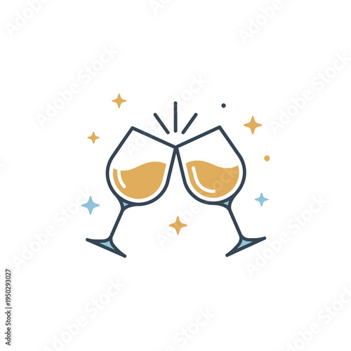 Two wine glasses clinking with sparkling stars, celebration toast, festive mood