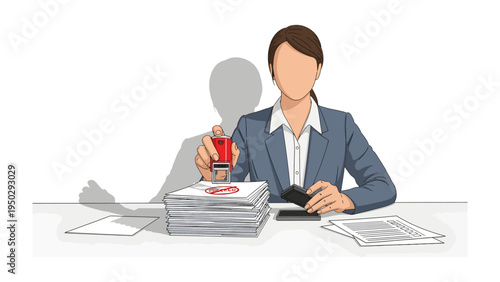 Official Approval: A professional figure in a business suit meticulously applies a stamp to important documents, signifying approval. It symbolizes bureaucratic processes and administrative precision.