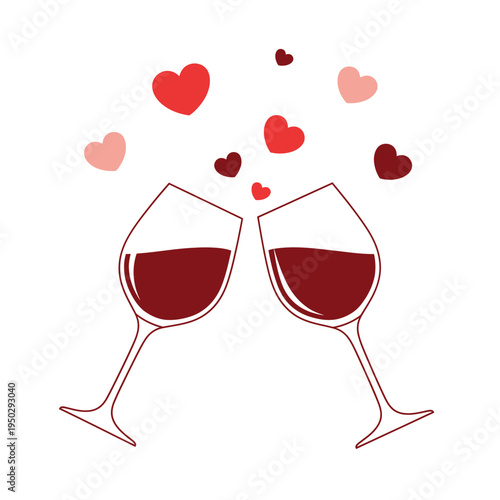 Two wine glasses toasting with red wine and hearts floating up, celebration concept