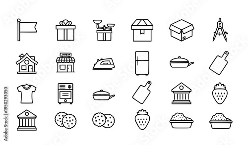 Thin line household and food icon collection with fridge pan cutting board cookies strawberry and bank vector