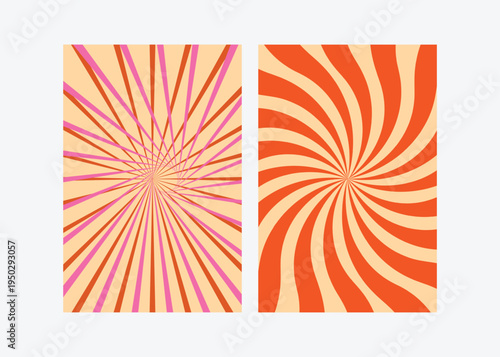 Groovy swirl sunburst background. Retro wavy radial pattern starburst with vibrant orange and yellow rays. Perfect for vintage, pop art, and energetic designs.