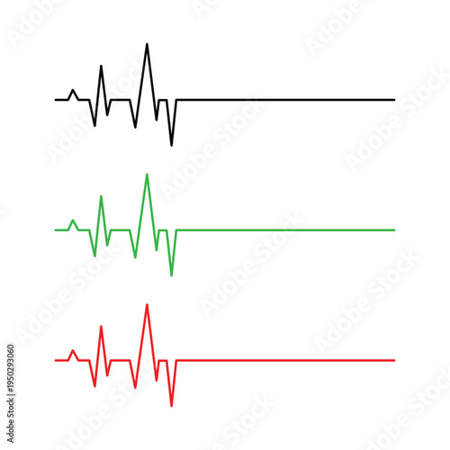 Heartbeat pulse line icon set with electrocardiogram waves showing flatline medical emergency and cardiac health monitoring results vector illustration.