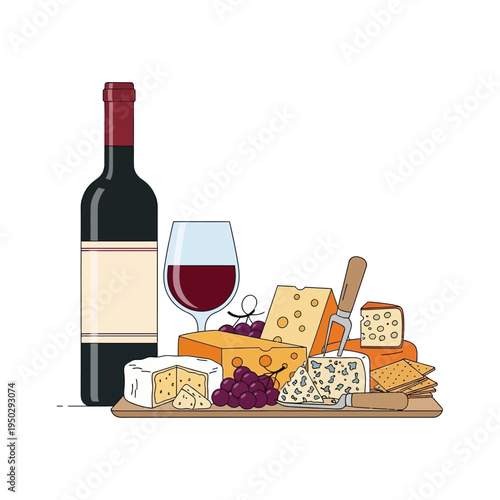 Wine and Cheese Platter Assortment: Red Wine, Grapes, Crackers, and Various Cheeses