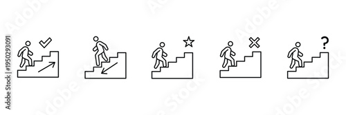 Staircase navigation and walking direction icon set showing upward and downward movement with status symbols for building safety vector illustration.