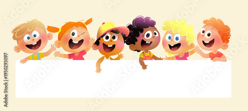 Happy diverse group of smiling children holding together a blank banner with copyspace. Multiracial kids design for school, kindergarten or posters. Vector cartoon illustration of children characters.