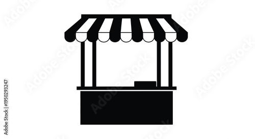 A simple black and white illustration depicts a market stall or vendor booth with a striped awning high quality
