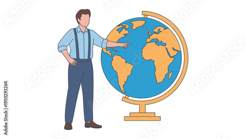 Globally Guided: A well-dressed individual, confidently points to a spinning globe, suggesting a journey of discovery. Capturing the spirit of exploration and learning.