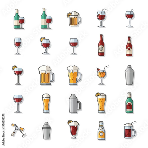 Collection of alcoholic and non-alcoholic drink icons: beer, wine, cocktails, spirits, and water bottles