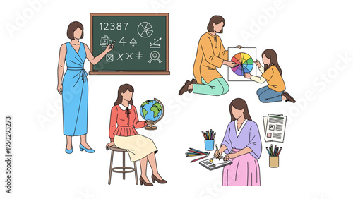 Education and Learning Illustration: A collection of illustrations depicting various aspects of teaching and learning, showcasing an educator interacting with students.