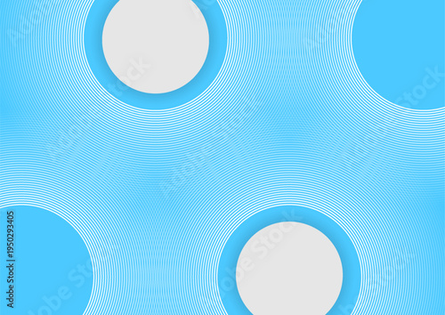 Blue abstract minimal background with white paper circles and linear rings. Geometric vector design
