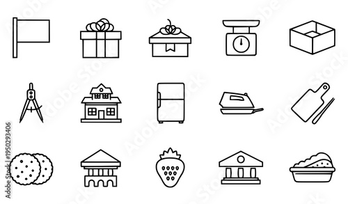 Thin line everyday objects icon set with flag gift scales japanese house restaurant kitchen and food vector collection