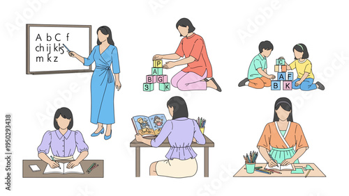 Education's diverse: The scene showcases the multifaceted aspects of learning and nurturing growth within an educational environment, demonstrating the teacher's role in the nurturing of young minds.