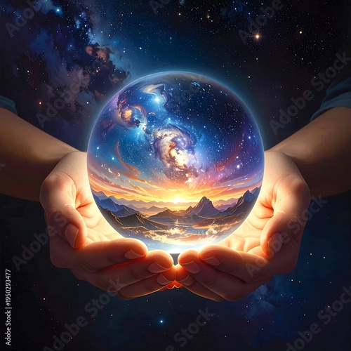 A person cradles a glowing crystal ball with a galaxy