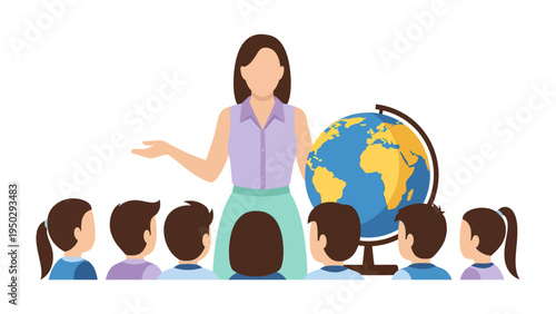 Teacher and Students Learning Geography: A female teacher stands by a globe, engaging with a group of young students in a geography lesson, fostering curiosity and global understanding.