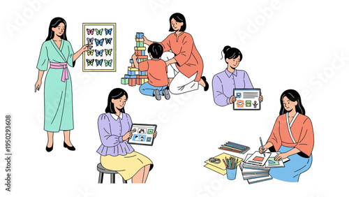 Daily Routine: A woman, possibly a mother or a homemaker, engaging in various activities such as working, playing, and managing home tasks.