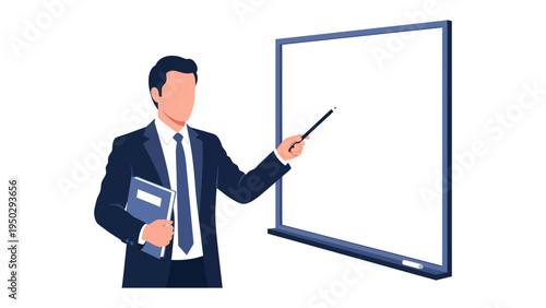 Presentation Icon: An illustration of a professional individual giving a presentation, exuding confidence and expertise. With a pointer and holding a notebook.