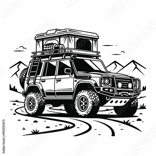 Off road adventure vehicle with rooftop tent on dirt road