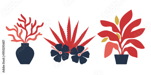 Illustrations of Tropical red leaves and hibiscus flowers in modern ceramic pots