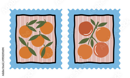 Fresh orange fruit stamp illustration on striped background